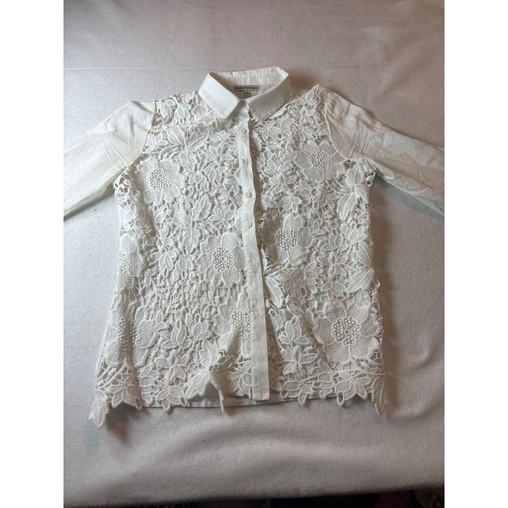 White Lace Button-Up Blouse By Shawn Fergusson - Small